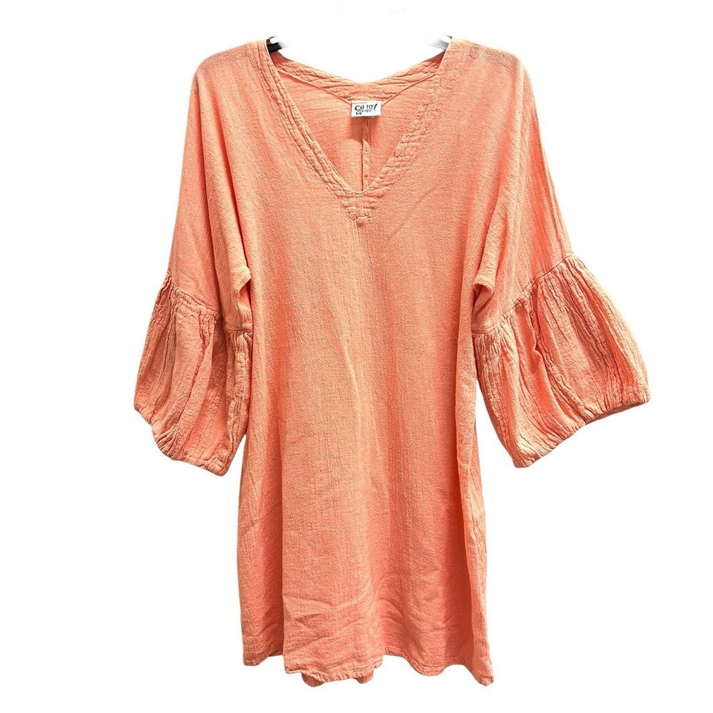Oh My Gauze Womens 100% Cotton Peach Bell Sleeve Boho Lagenlook Beach Dress Sz 1